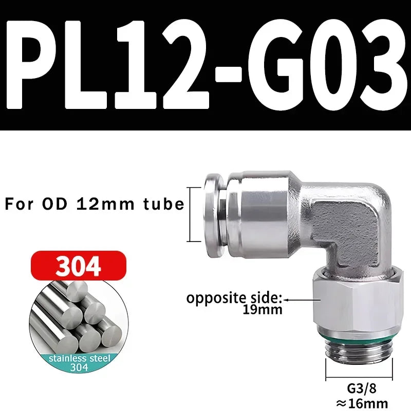 PL-G 304 Stainless Steel Pneumatic Elbow Fitting 1/8 1/4 3/8 1/2 External G Thread Quick Coupling Joint