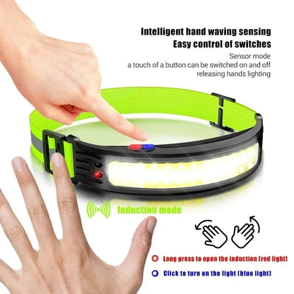 LED COB Headlamp USB Rechargeable Head Lamp Motion Sensor Waterproof Lantern for Outdoor Camping Fishing Running Emergency Light