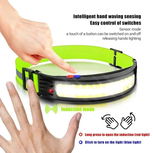 LED COB Headlamp USB Rechargeable Head Lamp Motion Sensor Waterproof Lantern for Outdoor Camping Fishing Running Emergency Light