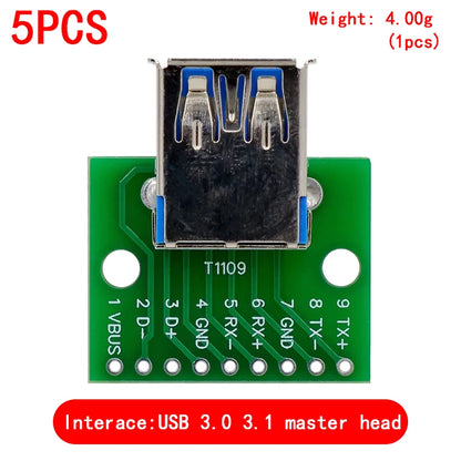 USB Male to DIP Adapter — Mini-B / Micro-B / Type-C / USB-A 2.0 / 3.0, PCB Breakout (2-Pack)