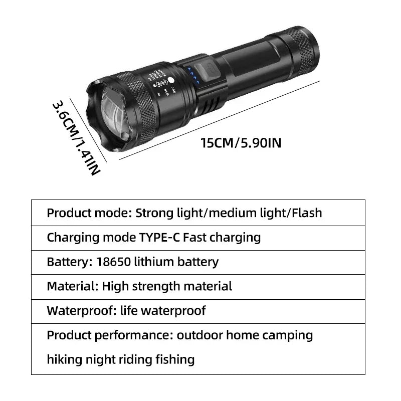 Super-bright LED Flashlight Rechargeable Long Range Tactical Torch for Outdoor Waterproof Emergency for Camping Fishing Lantern