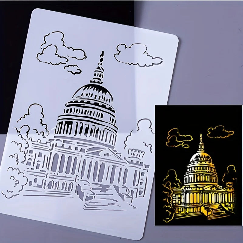 A4 DIY Painting Wall Stencil Airbrush   Drawing Copy Templates London Bridge Big Ben castle Burj Al Arab Five Towers White House