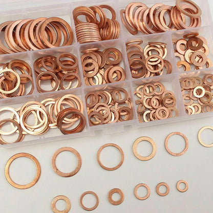 150PCS M5–M22 Copper Crush Washer Gasket Set — Flat Ring Seal Assortment Kit for Oil Pan &amp; Hydraulic Fittings