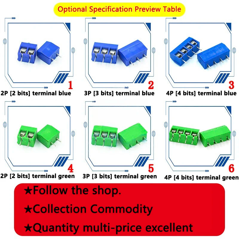 PCB Mount Screw Terminal Block Connector KF301 2P-4P 5.0 / 5.08mm Straight Pin