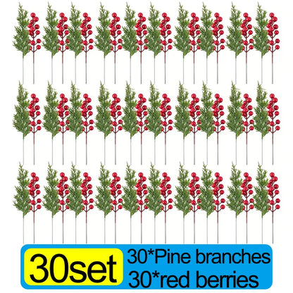 30/1PCS Christmas Decoration Artificial Pine Branches with Holly Berries, Red Berry Branches for Christmas Tree, Wreath, Gift Decoration