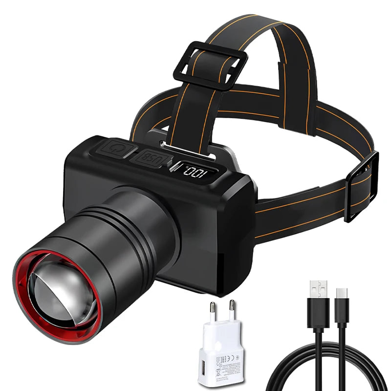 LED Rechargeable Headlight with Display Screen Adjustable Zoom Work Light