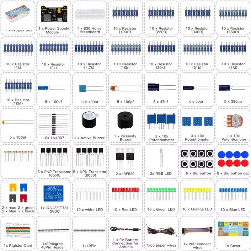 Arduino Uno R3 Kit Resistor Labels 830-Point Breadboard Component Kit for Arduino UNO R3 — Resistors, Caps ...