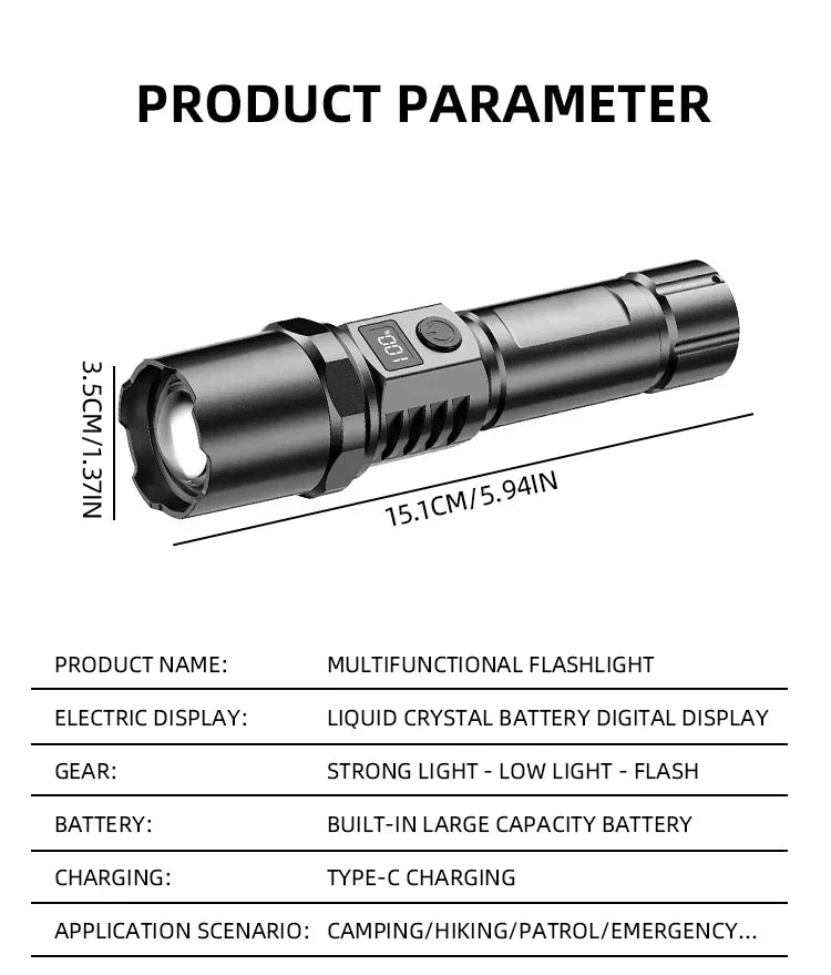 Super Bright LED Flashlight USB-C Rechargeable Tactical Torch
