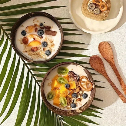 6/1PCS Natural Coconut Bowl Set Wooden Salad Ramen Bowl Coconut Wood Spoon Set Coco Smoothie Kitchen Tableware Coconut Bowl