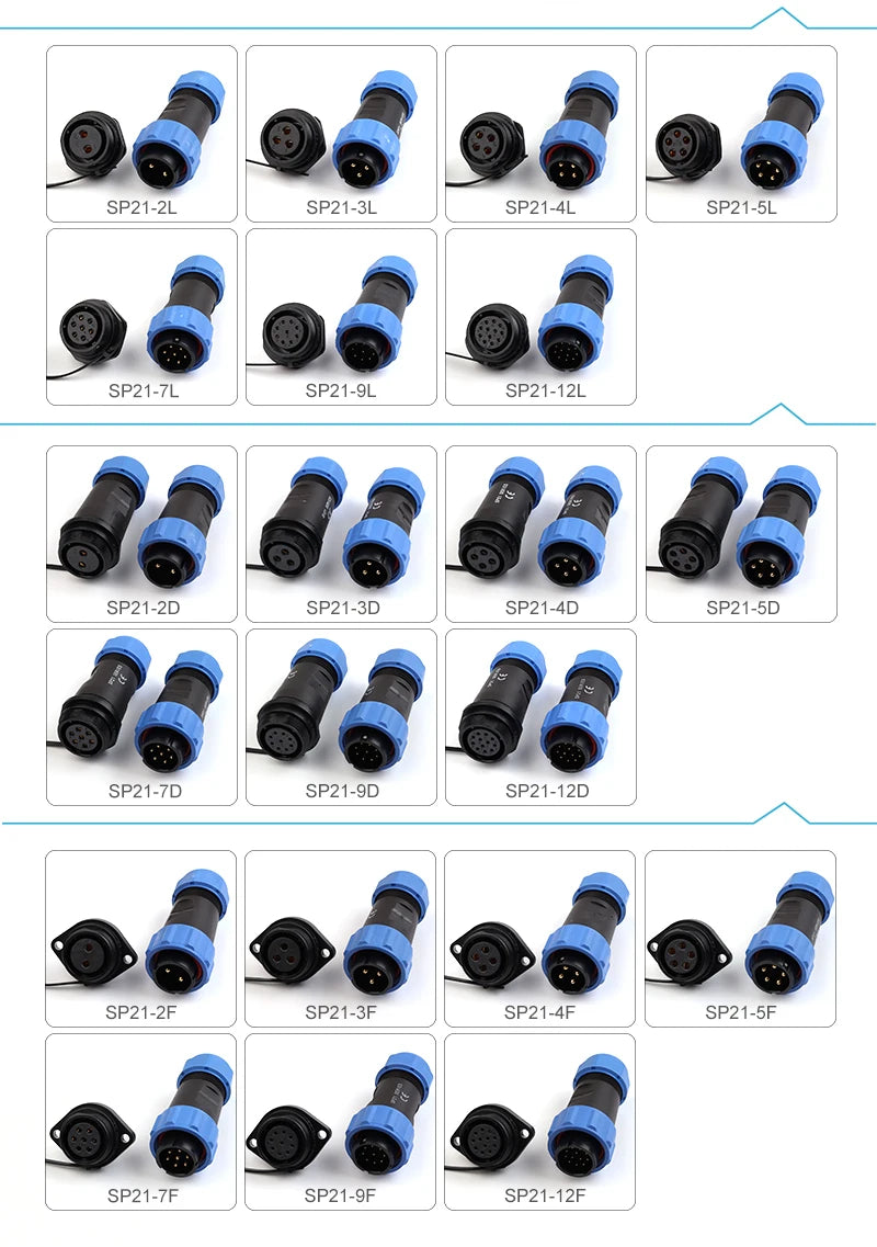 SP21 Nut Flange Docking Waterproof Aviation Connectors 2/3/4/5/7/9/12 Pins Panel Mount Cable Wire IP68 Male Female Plug Socket