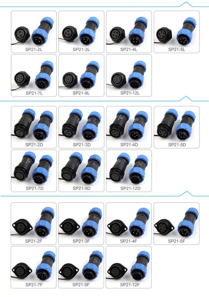 SP21 Nut Flange Docking Waterproof Aviation Connectors 2/3/4/5/7/9/12 Pins Panel Mount Cable Wire IP68 Male Female Plug Socket