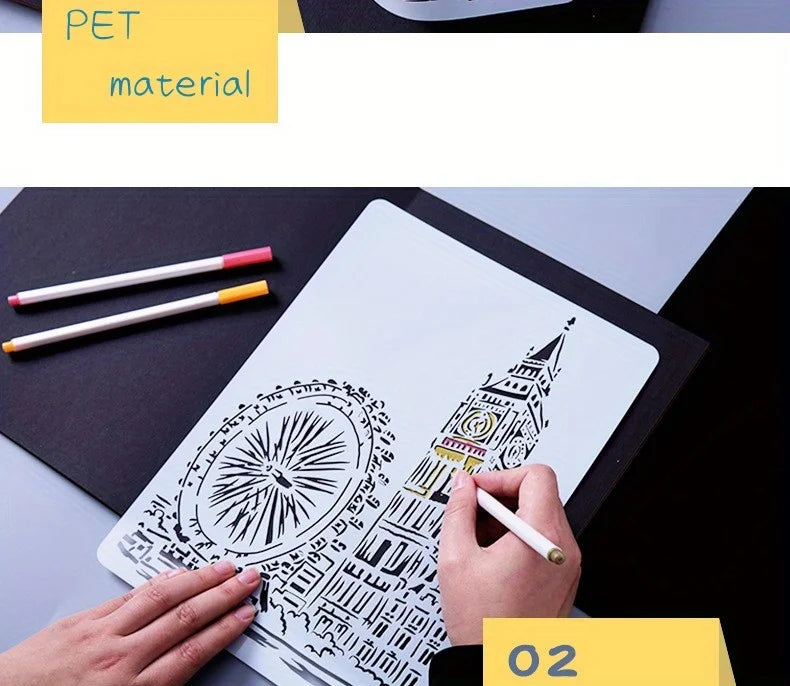 A4 DIY Painting Wall Stencil Airbrush   Drawing Copy Templates London Bridge Big Ben castle Burj Al Arab Five Towers White House
