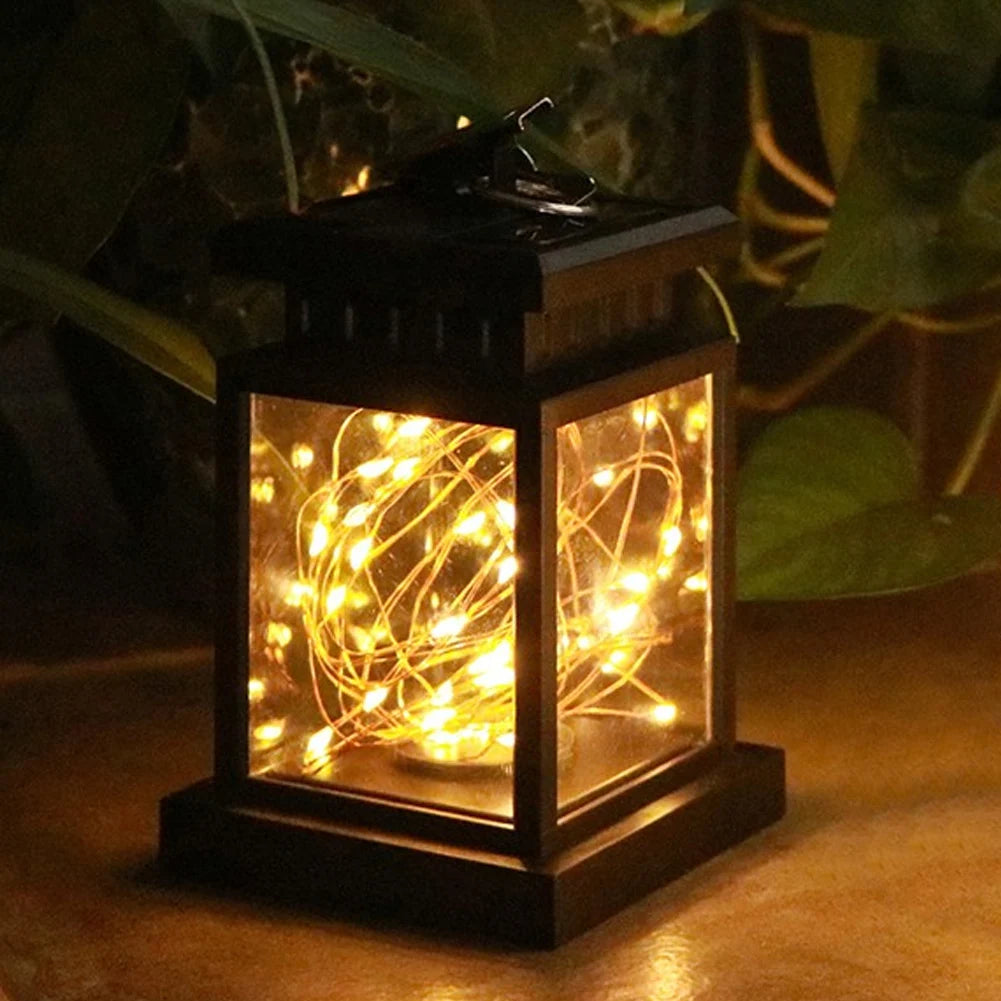 1pc LED Lantern Lamp Outdoor Garden Warm Light Waterproof Solar Powered Golden Copper Wire Hanging Lightweight