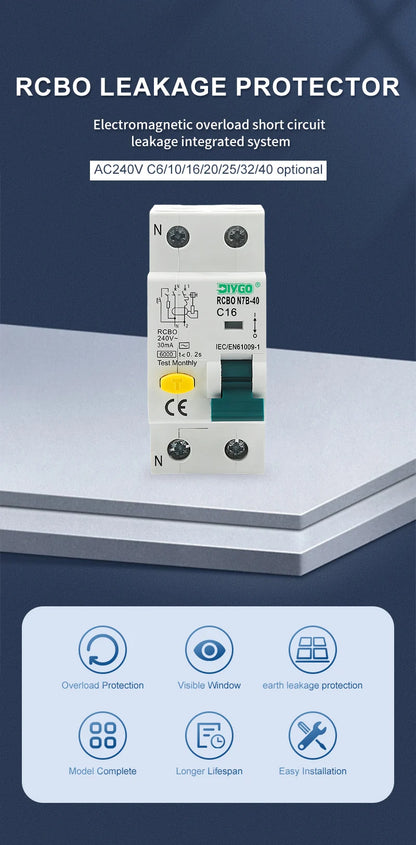 RCBO Electro-Magnetic Type Residual Current Circuit Breaker 2P 1P+N, Overcurrent and Leakage Protection 50/60Hz