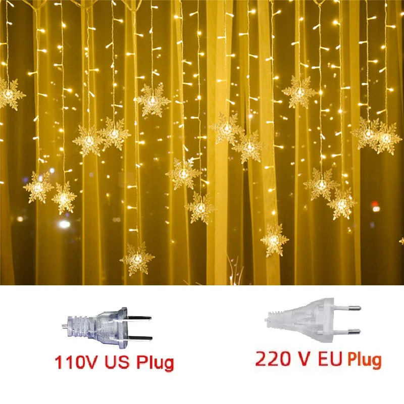 2026 Xmas Wedding Party Decoration 3.2M Christmas Snowflakes LED String Lights Flashing Fairy Curtain Waterproof