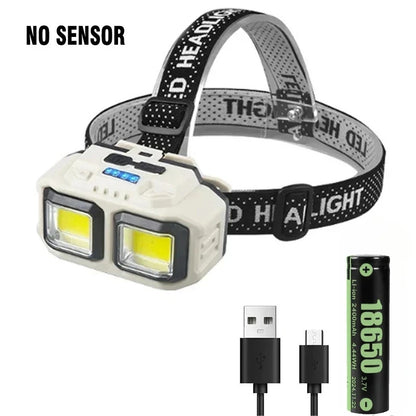 COB LED Induction Headlamp USB Rechargeable 5 Mode 18650 Headlight
