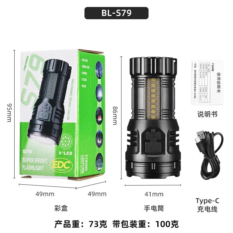 Outdoor Mini Flashlight 9 LED Strong Light Lantern Long Range Rechargeable Pocket Lamp Portable Camping Hiking Magnetic Light