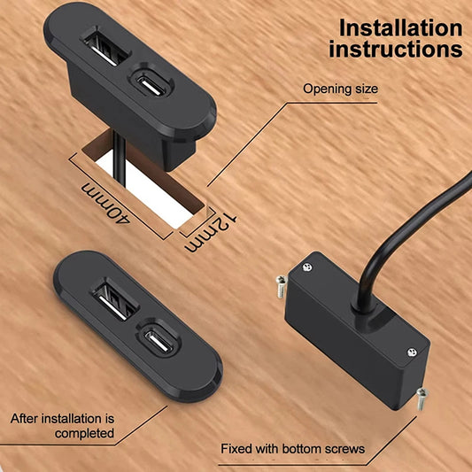 New For Office Bedroom Table Recessed Sockets 1 USB-A And 1 Type-C Built In Desktop Hidden Power Outlet With 1.2M Extension Cord