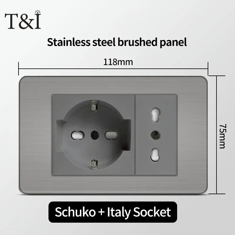 Stainless Steel Wall Socket 118x75mm Italian-Style with USB-C Schuko Chilean Plug Brushed Finish for Home Office