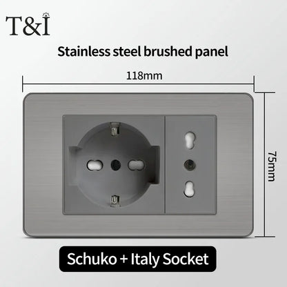 Stainless Steel Wall Socket 118x75mm Italian-Style with USB-C Schuko Chilean Plug Brushed Finish for Home Office
