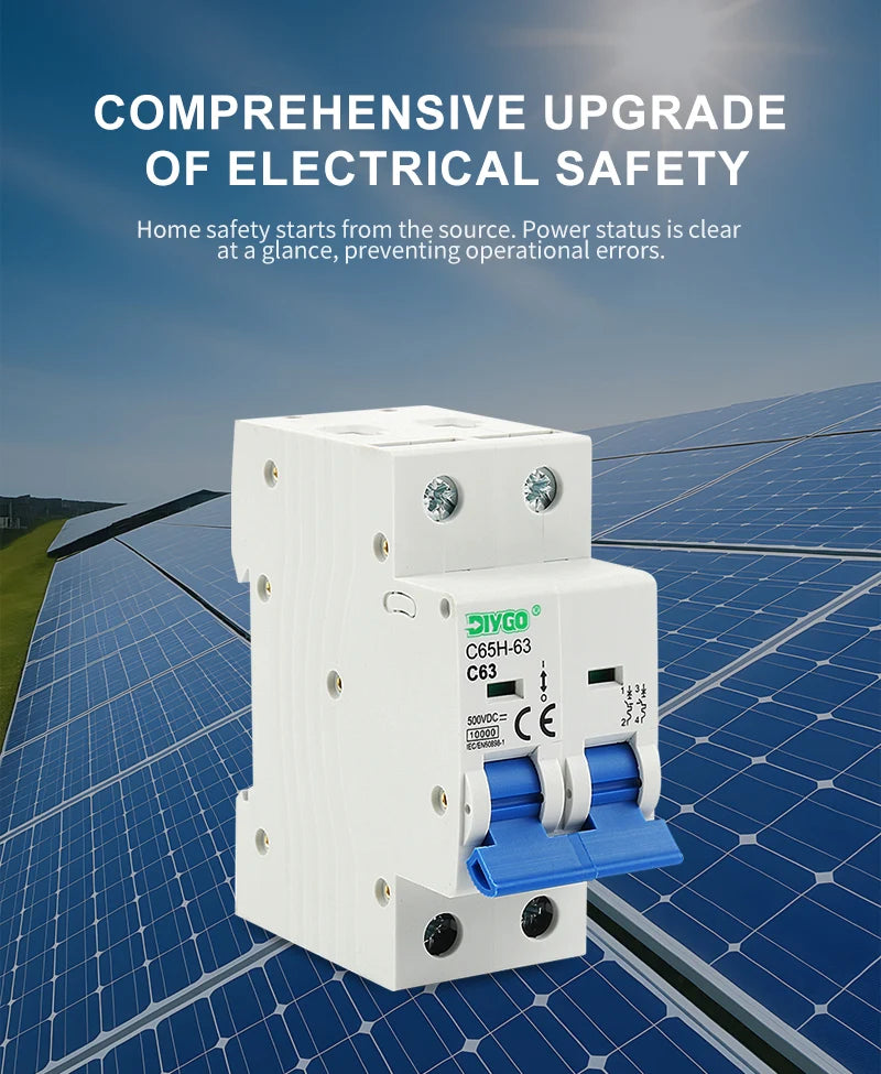 2P DC MCB 6KA 500V Solar Mini Circuit Breaker, 6A–63A for PV System, Battery Main Switch
