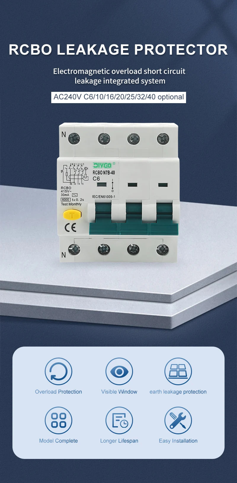 RCBO 3P+N Electro-Magnetic Residual Current Circuit Breaker with Overcurrent Leakage Protection 240V 4P