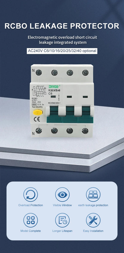 RCBO 3P+N Electro-Magnetic Residual Current Circuit Breaker with Overcurrent Leakage Protection 240V 4P