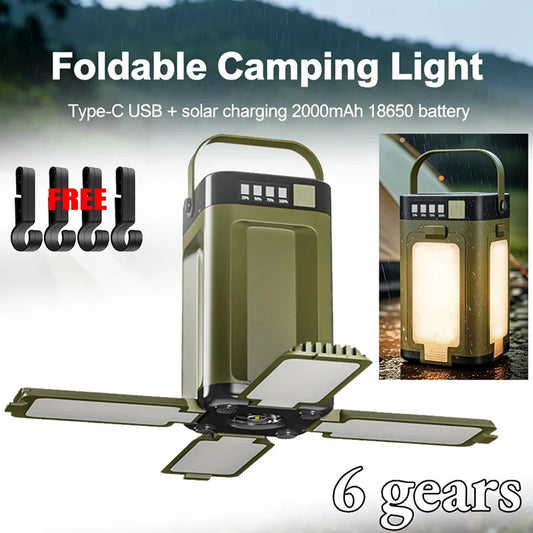Type-C Rechargeable Solar LED Light Portable Power Bank Flashlight Lamp Hanging Tent Light for Outdoor Camping Hiking Fishing