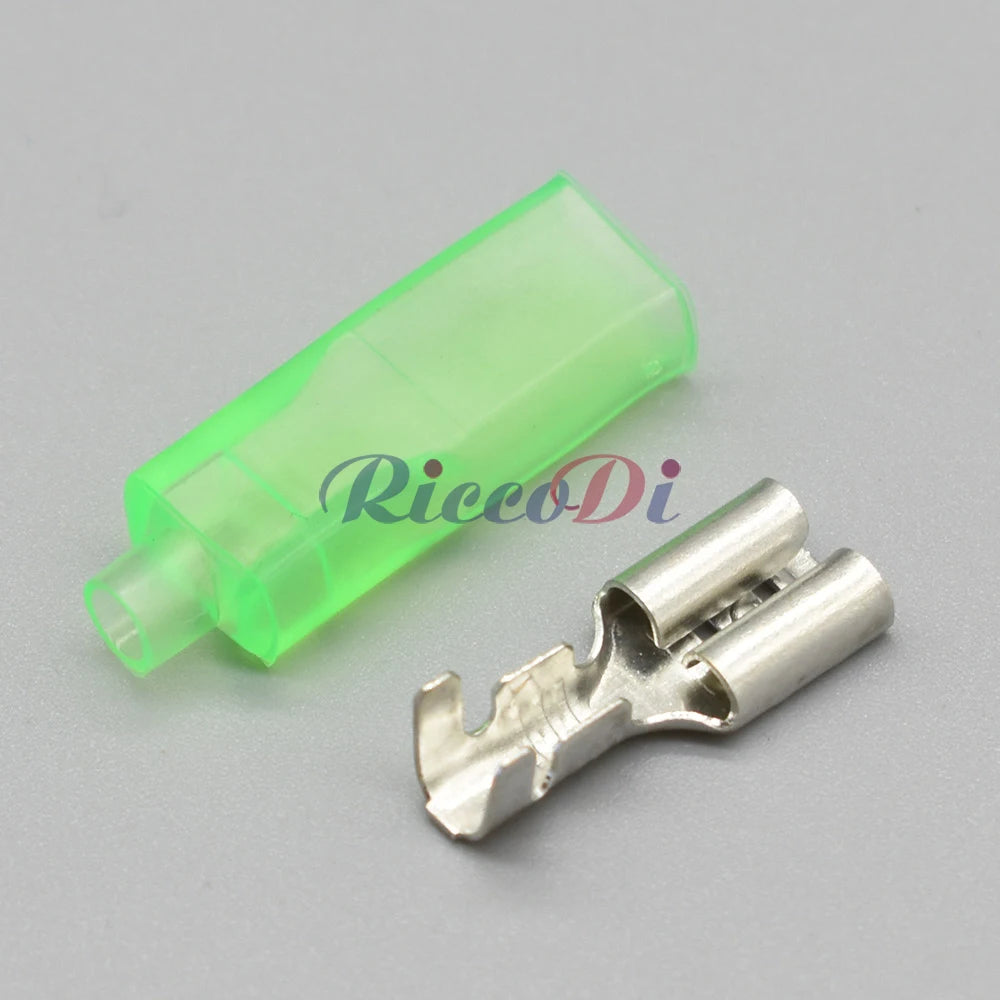 6.3mm Automotive Spring Terminal with Green Sheath for Push Button Switch, Cold Crimp 0.2-1.5mm² Compatible with DJ7013-6.3-21