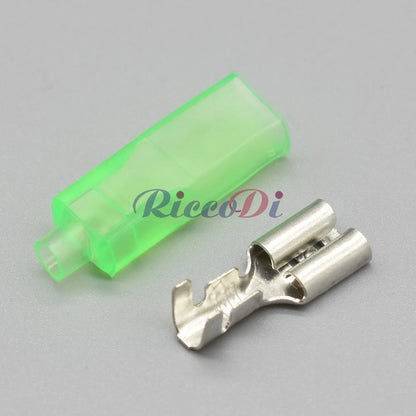 6.3mm Automotive Spring Terminal with Green Sheath for Push Button Switch, Cold Crimp 0.2-1.5mm² Compatible with DJ7013-6.3-21