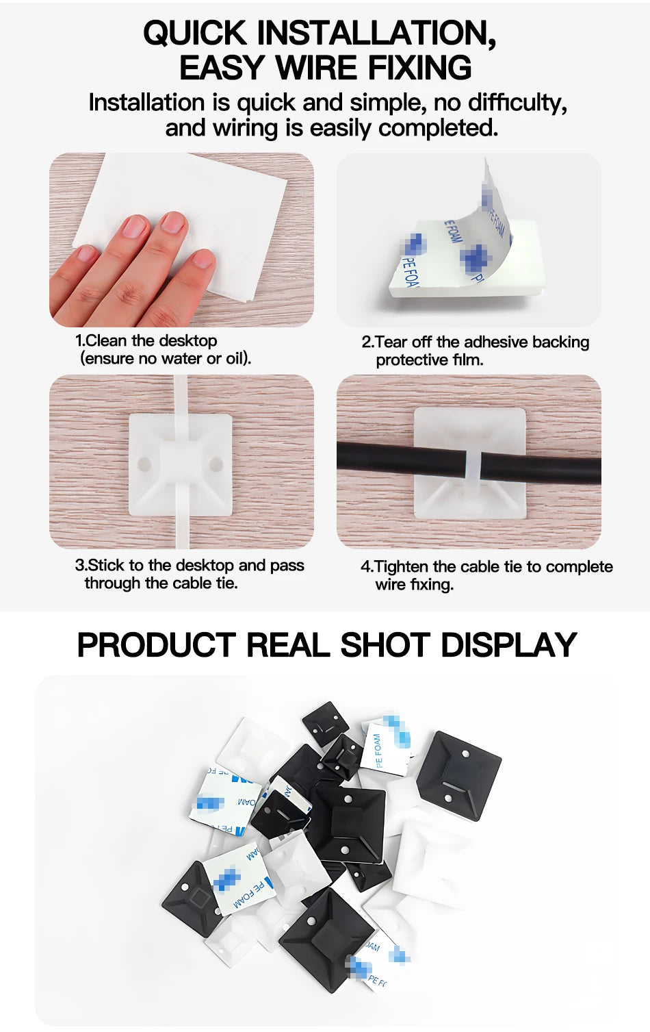 Self-Adhesive Cable Tie Mounts Strong Sticky Base Wire Holder Clips for Wall Fixing Cable Routing Management