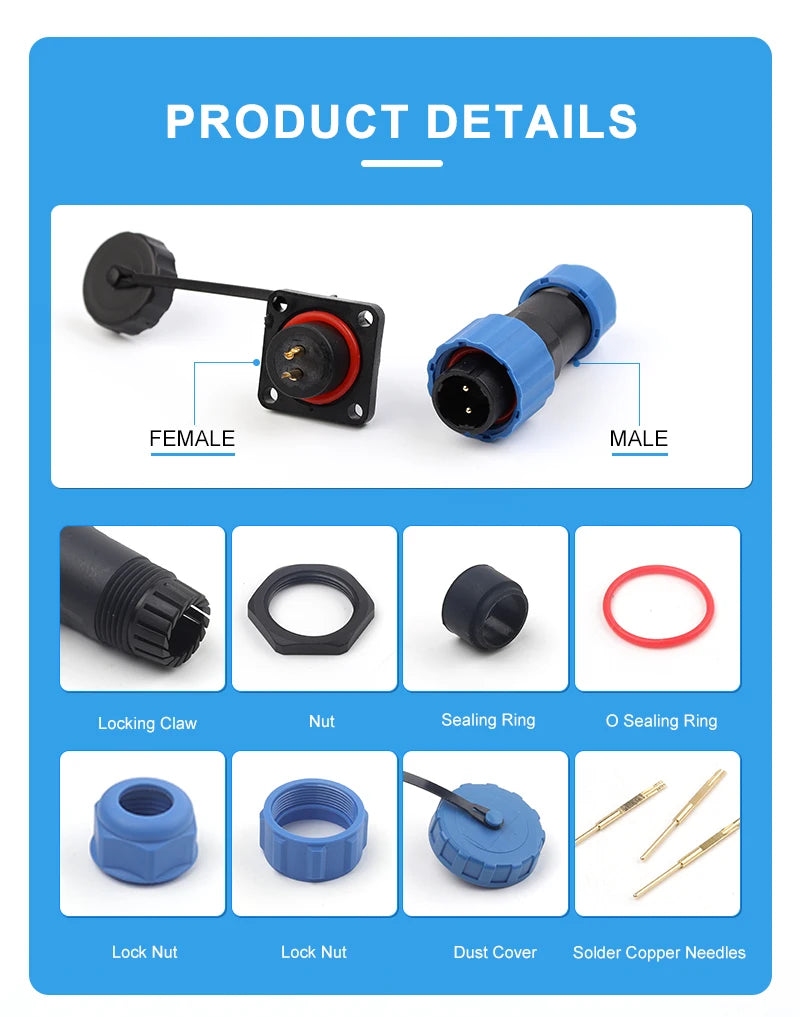 SP16 Square Waterproof Connector Plug Socket 2-9 Pin IP68 Aviation Male Female Electrical Wire Cable Connector