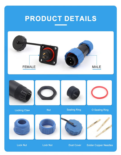 SP16 Square Waterproof Connector Plug Socket 2-9 Pin IP68 Aviation Male Female Electrical Wire Cable Connector
