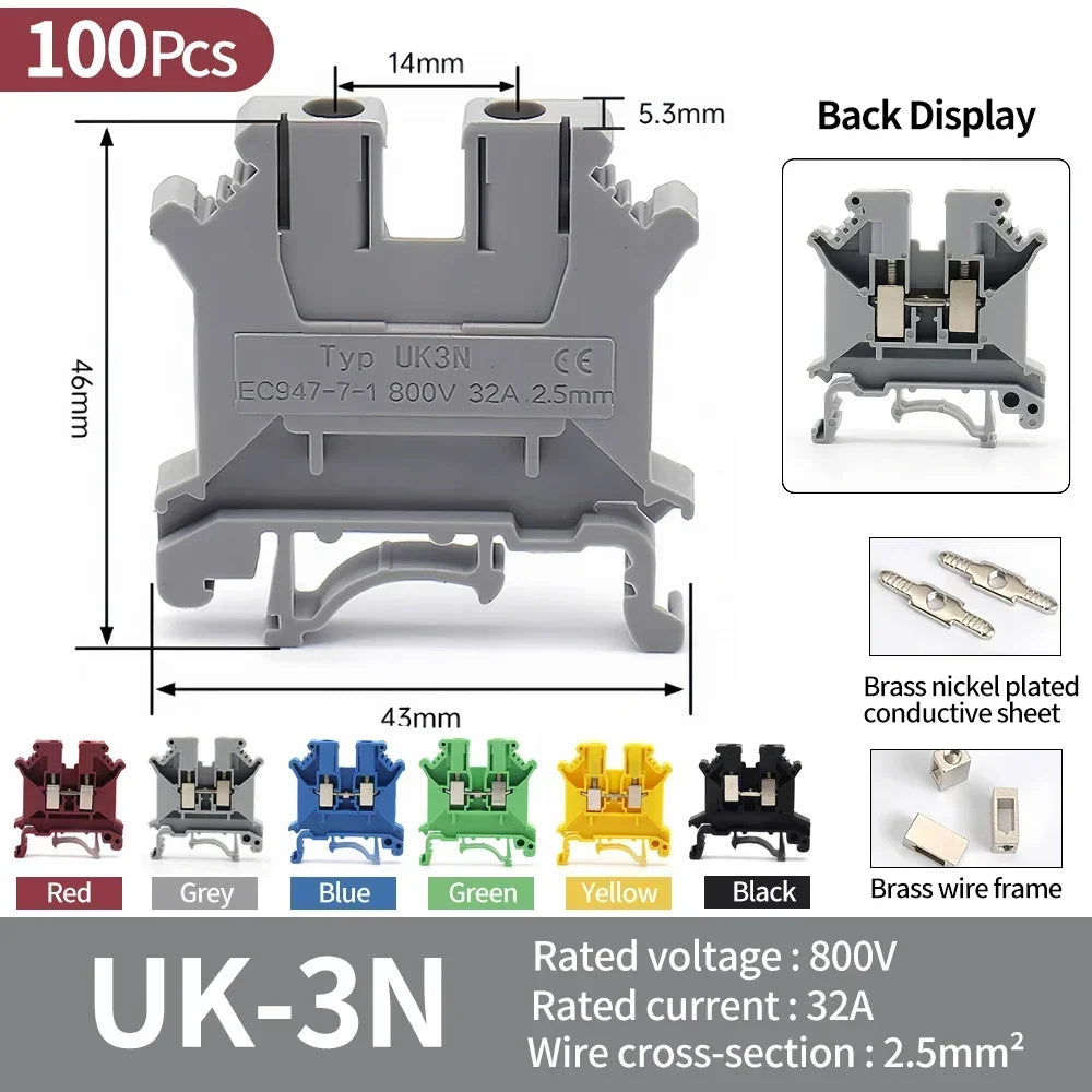 Premium Brass UK Screw Clamp Connector for Wiring DIN Rail Mounted UK1.5N 2.5B 3N 5N 6N 10N 16N 25N 35N 50N