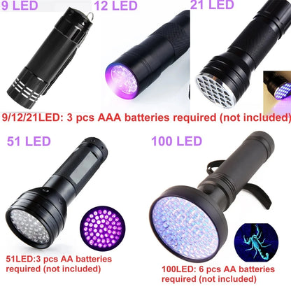 9-128 LED Ultraviolet Blacklight UV Light Lamp Detector for Dog Urine Stains Outdoor Waterproof 9-100 LED UV Flashlight Camping