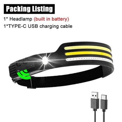COB LED Headlamp USB Rechargeable Head Torch 5 Modes Built-in Battery