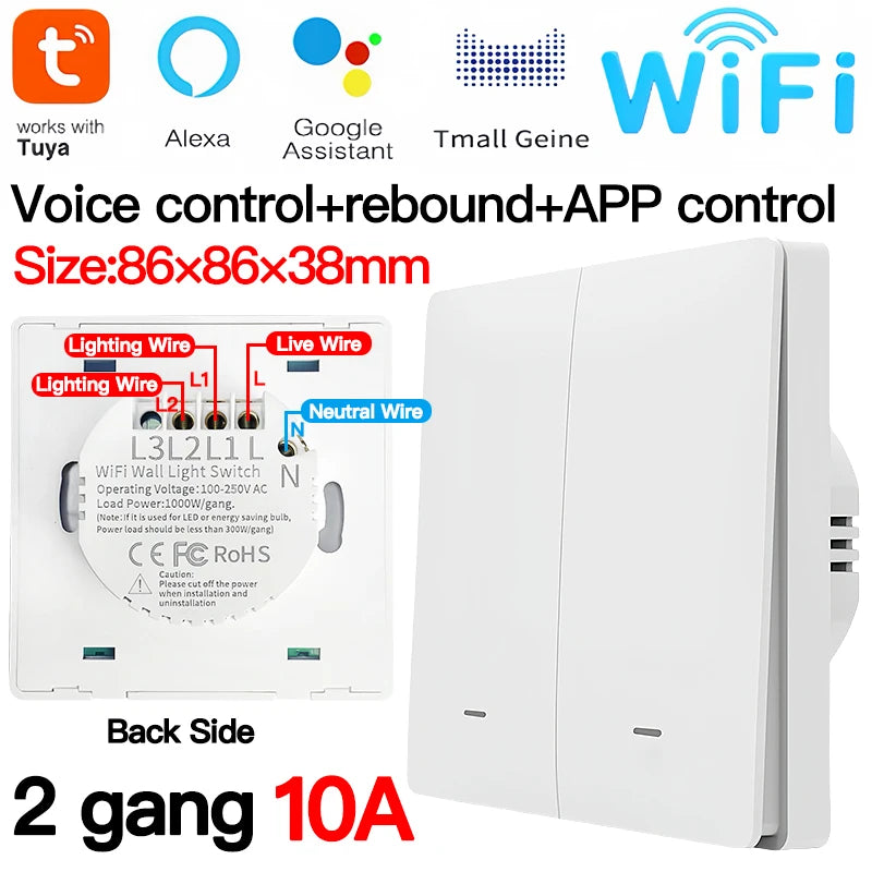 Tuya ZigBee Smart Light Switch No Neutral Wire 1/2/3 Gang Wall Touch Switch Works with Alexa Google Home