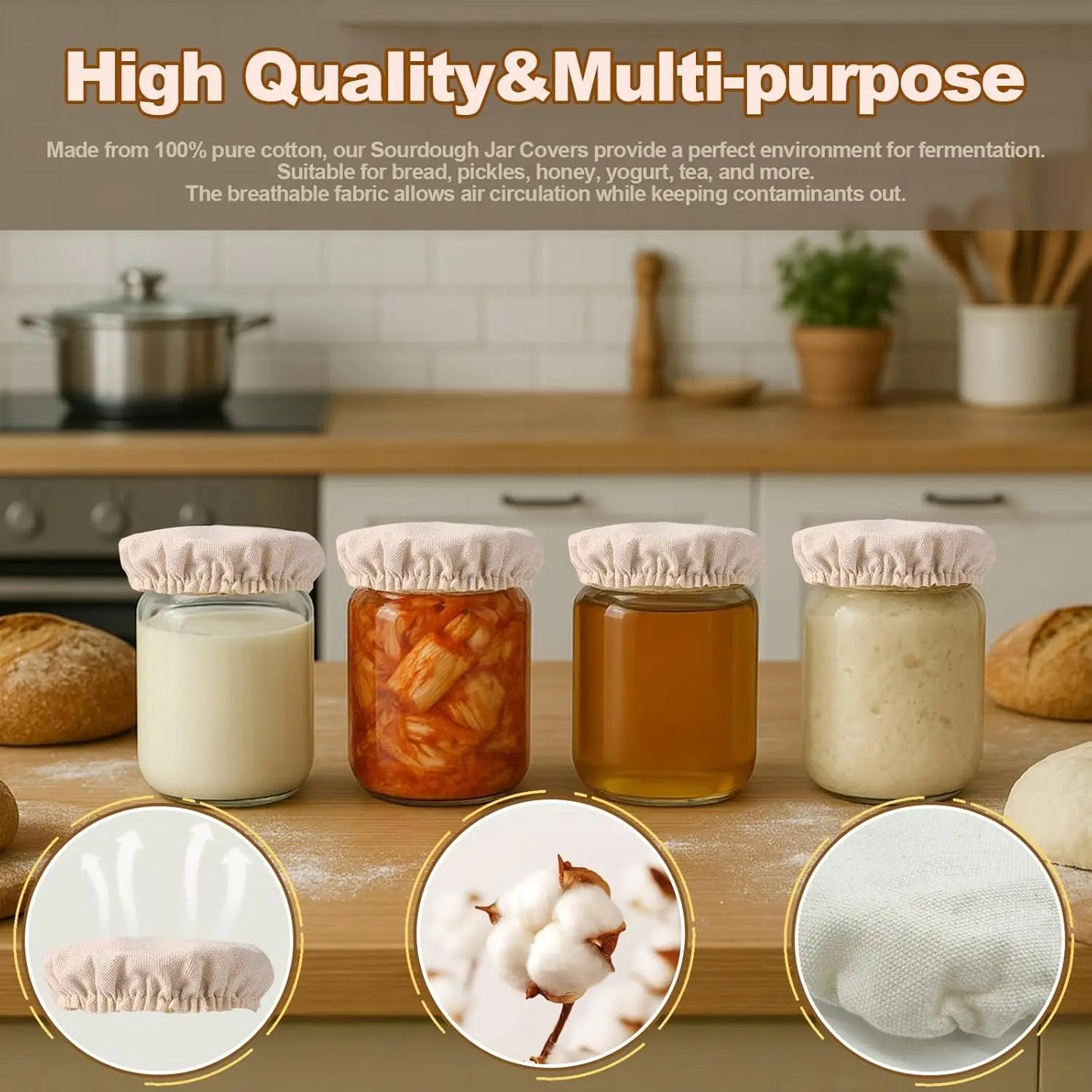 Elastic Cloth Jar Covers, Reusable Cloth Covers for Sourdough Starter Jars, Elastic Bread Fermentation and Proofing Cover