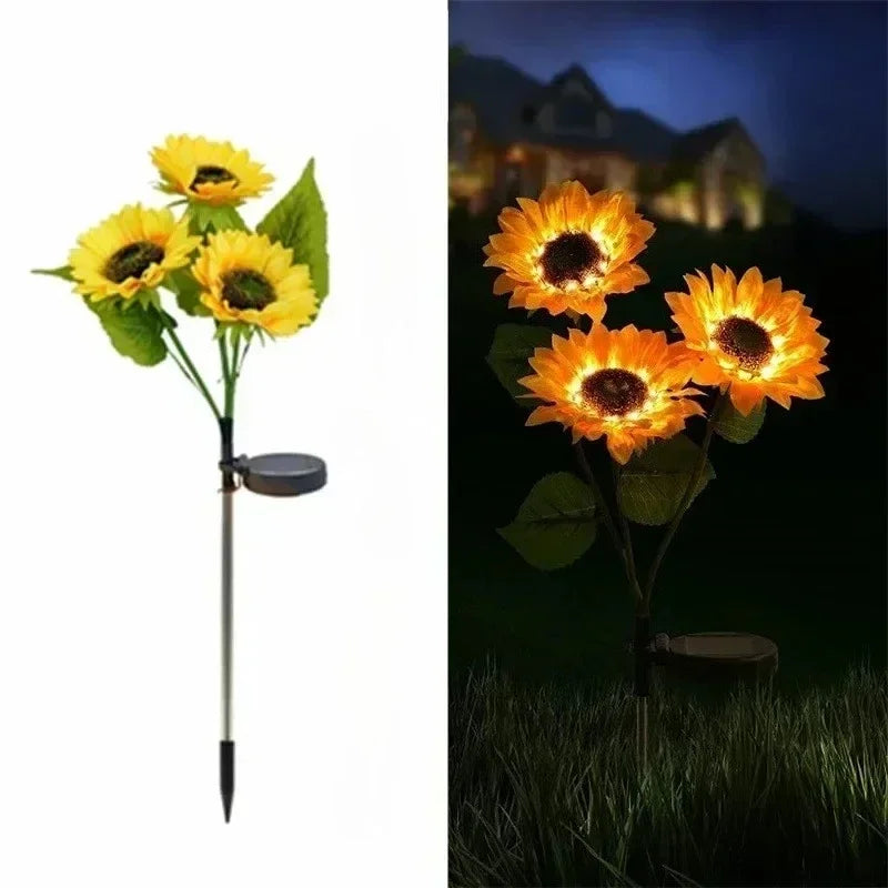 Solar Powered Sunflower Simulation LED Lights 1/3 Heads Garden Yard Lawn Night Landscape Lamp Christmas Decor Flower Light