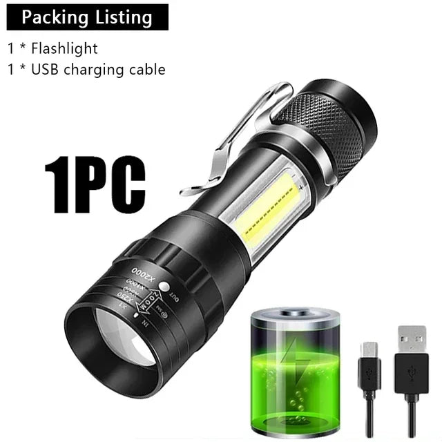 USB Rechargeable Mini Flashlight COB XPE Zoom Torch 3 Mode