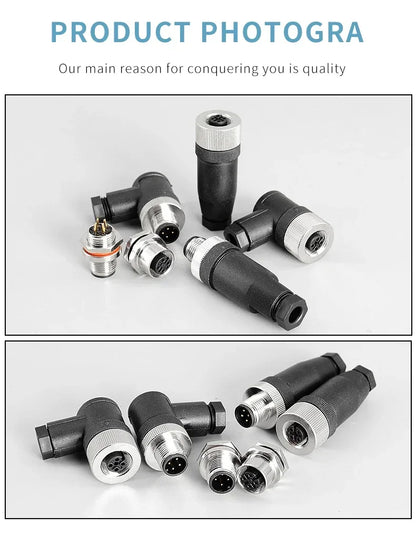 M12 12mm Sensor Connector Straight Angle Male Female Waterproof Screw Threaded Plug Coupling 4 5 8 Pin PG7