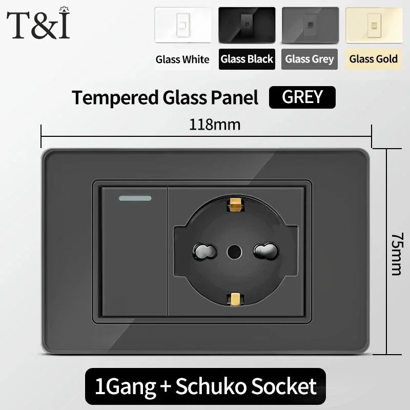 T&I Wall Switch Socket with USB-C Fast Charging Italy & Chile Schuko Outlet Tempered Glass Panel