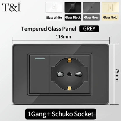 T&I Wall Switch Socket with USB-C Fast Charging Italy & Chile Schuko Outlet Tempered Glass Panel