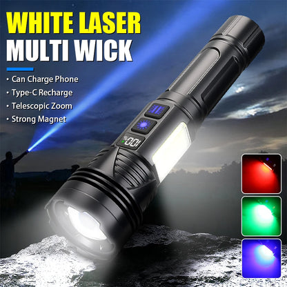Outdoor Rechargeable RGB Led Flashlight Zoomable Torch Strong Light 11 Mode Tactical Lamp for Camping Fishing Emergency Lantern
