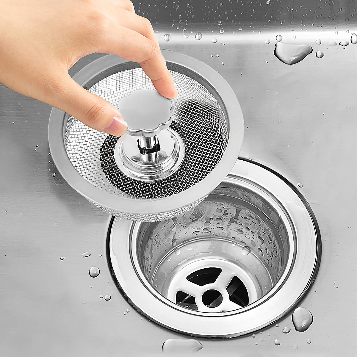 Kitchen Sink Strainer with Handle & Stopper Replacement Sink Drain Basket Stainless Steel Mesh Filter Strainers Waste Hole Trap