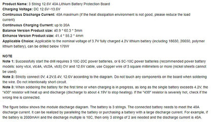 3S 4S Lithium Battery BMS Protection Board 40A 60A with Balance and Enhance Functions for Drill Motor 11.1V-16.8V Li-ion Cells