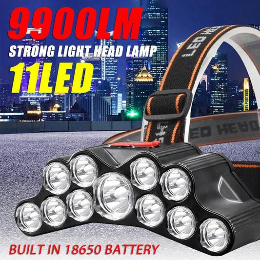 5/11 LED Headlamp Strong Light Head Torch USB Rechargeable Headlight Built-in 18650 Battery Outdoor Fishing Camping Lantern