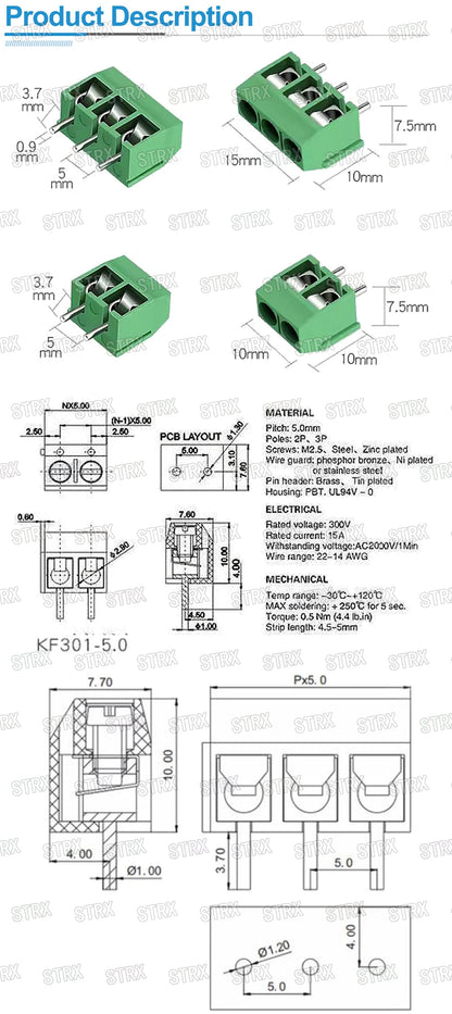 10pcs KF301 5.08mm Plug-in Screw Terminal Connector 2P/3P/4P Blue/Green