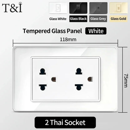 118x75mm Tempered Glass US Thai Socket Dual USB-C Ports 2 AC Outlets 110V Scratch-Resistant Panel