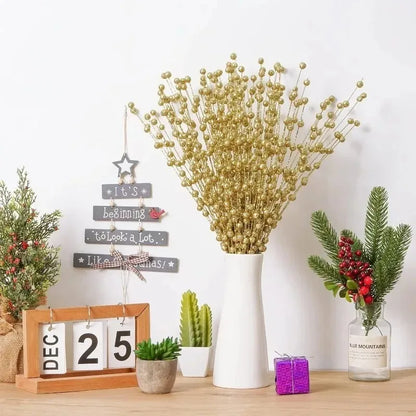 1-10pcs Gold Christmas Decorative Flash Artificial Berry Stem Decor for Christmas Tree DIY Wreath Fireplace Holiday Crafts Gifts